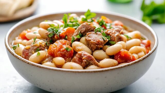 Hearty Bean Stew: A close-up view of a ceramic bowl filled with a savory stew, rich with creamy beans, succulent chunks of meat, and vibrant tomatoes, garnished with fresh herbs, ready to be enjoyed.