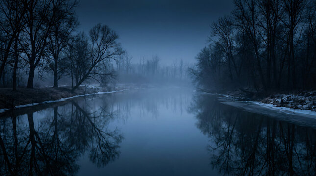 Eerie blue landscape of a calm river covered in thick fog with silhouettes of bare trees reflecting in the water during a mysterious twilight.