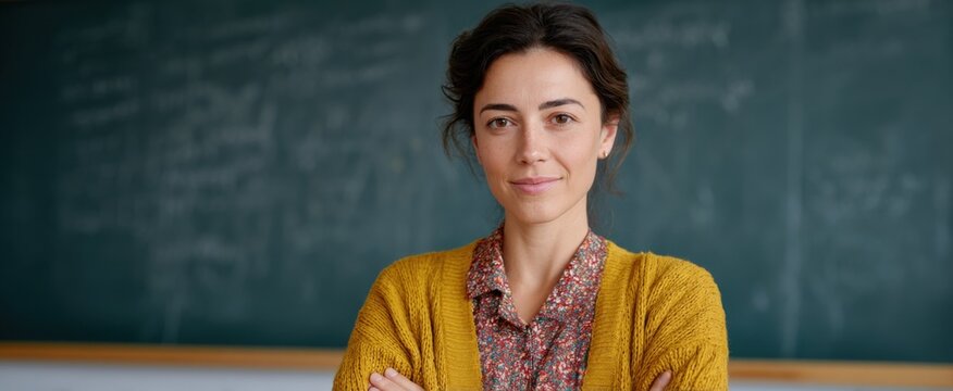 Female teacher stands by chalkboard feeling calm and focused as camera watches.