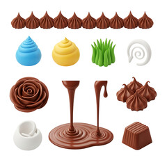 Sweet confectionery elements: chocolate, colorful cream, and edible decorations