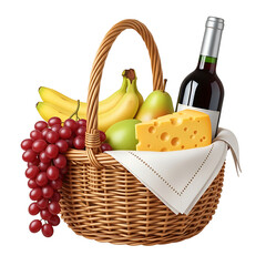 Wicker picnic basket filled with wine, cheese, fruits and snacks for outdoor fun