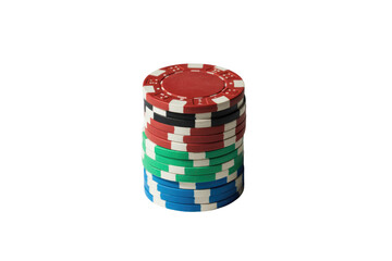 A vibrant stack of red, black, white, green, and blue poker chips stands vertically against a solid transparent background, representing casino games and betting. background removed