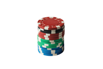 A vibrant stack of red, black, white, green, and blue poker chips stands vertically against a solid transparent background, representing casino games and betting. background removed