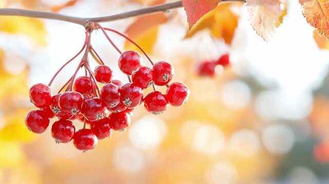 Autumn Berries: A cluster of vibrant red berries dangles from a slender branch, set against a backdrop of colorful autumn foliage, capturing the essence of the season's beauty.