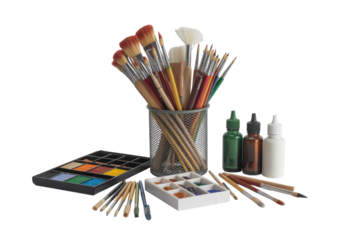A comprehensive collection of art supplies including various paintbrushes, watercolor palettes, and dropper bottles, ready for creative projects. background removed
