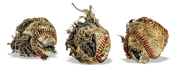 Three views of a baseball in bad shape, torn by a mower, with insides showing