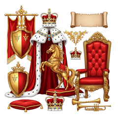 Regal symbols collection: crown, robe, throne, shields, horse, trumpets