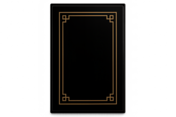 Elegant black frame with golden ornate pattern isolated on transparent background.