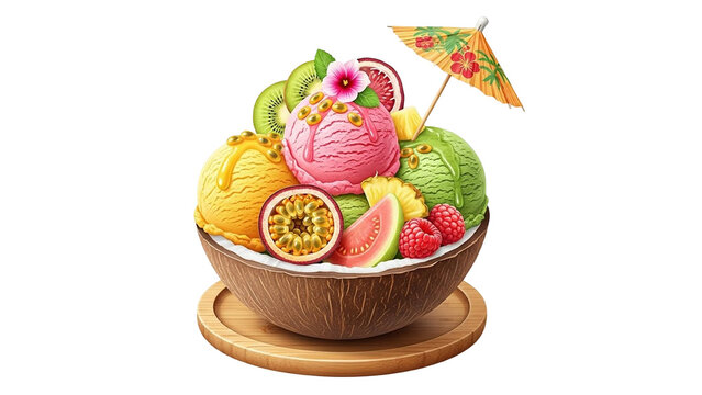 Tropical fruit ice cream scoops in a coconut bowl with a decorative umbrella and fresh fruits.