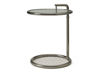 Modern round side table with glass top and chrome frame, isolated subject.