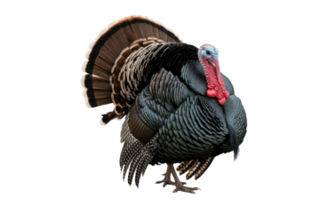 A vibrant male wild turkey proudly displays fanned tail, red wattle, and blue head, isolated on solid transparent background. background removed