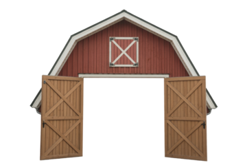 A classic red barn facade with a gambrel roof and an 'X' window, featuring wide open wooden doors, isolated on a transparent background. background removed