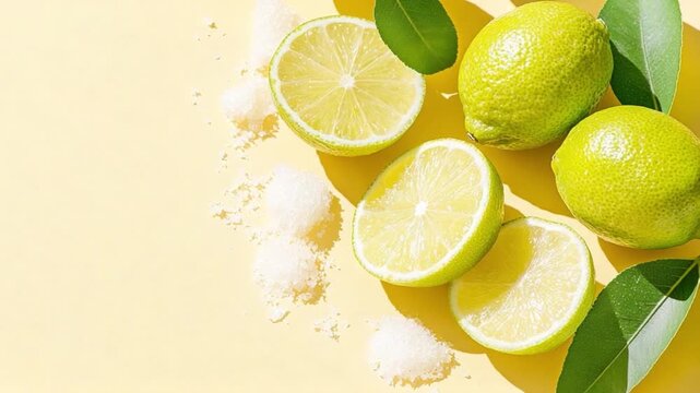 Citrus Burst: A vibrant composition of fresh, juicy limes, cut and whole, with invigorating bright highlights