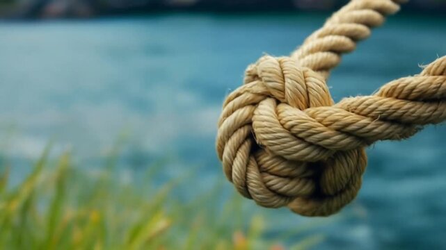 Close-up of a thick rope knot tied in natural fibers, with blue water and green reeds, in view today
