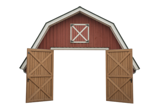 A classic red barn facade with a gambrel roof and an 'X' window, featuring wide open wooden doors, isolated on a transparent background. background removed
