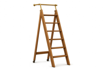 Vintage wooden rolling stepladder with golden rail isolated on transparent background