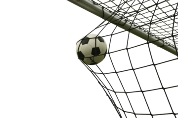 A classic black and white soccer ball is caught in the goal net, signifying a scored point or successful practice. background removed