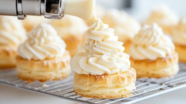 Cream Puff Perfection: A close-up shot captures a baker meticulously piping a swirl of creamy frosting onto a delicate puff pastry, highlighting the artistry of dessert creation.