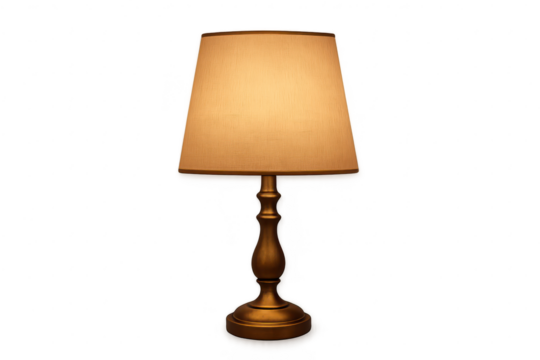 Elegant classic table lamp with warm glowing lampshade isolated on transparent background