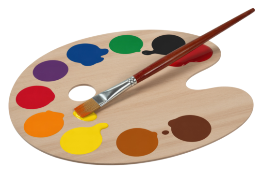 An artist's wooden palette holds a vibrant array of paint colors, with a paintbrush resting on yellow paint, ready for creation. background removed