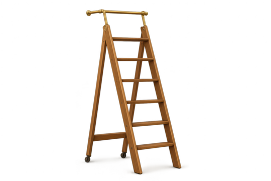 Vintage wooden rolling stepladder with golden rail isolated on transparent background