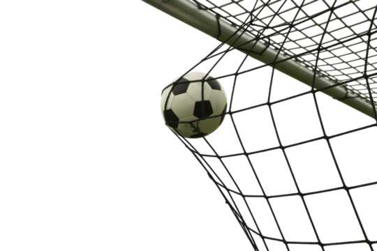 A classic black and white soccer ball is caught in the goal net, signifying a scored point or successful practice. background removed