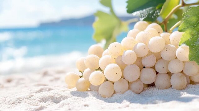 Coastal Harvest: A cluster of ripe grapes rests elegantly on sun-kissed sands. capturing a serene scene of nature's bounty against a blurred seascape, evoking a sense of tranquil joy.