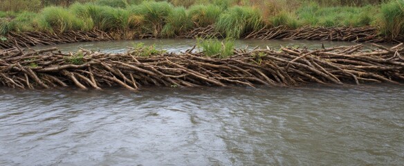 Fototapeta premium Beaver dam stands resilient embodying nature’s quiet strength and harmony in freshwater.