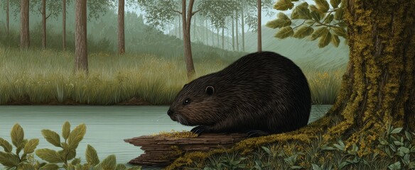 Fototapeta premium Beaver chomps wood like a tiny sawyer crafting nature’s riverside masterpiece.