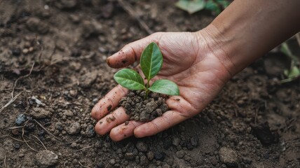 Hand cradling a green seedling in rich, dark soil