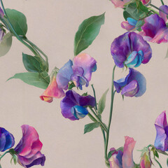 Vibrant Violet and Fuchsia Pink sweet pea flowers with lush Forest Green foliage create a beautiful seamless pattern, perfect for digital design using adobe photoshop for stunning visual projects.