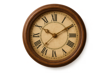 Classic vintage wooden clock with Roman numerals, isolated on a transparent background