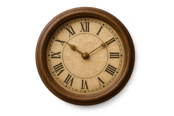 Vintage wooden wall clock with Roman numerals isolated on transparent background