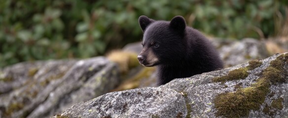 Fototapeta premium Black bear cub scaling rocky terrain within its native environment.