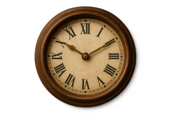 Antique wooden wall clock with Roman numerals, isolated on transparent background