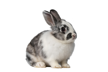 A cute speckled rabbit with black and white fur sits gracefully, looking curious. Perfect for spring and pet themes. background removed
