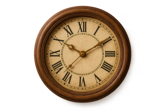 Classic vintage wooden clock with Roman numerals, isolated on a transparent background