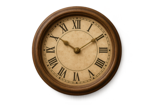 Vintage wooden wall clock with Roman numerals isolated on transparent background