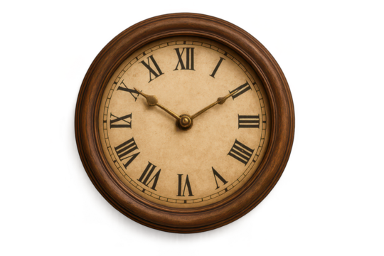 Vintage wooden wall clock with Roman numerals isolated on transparent background