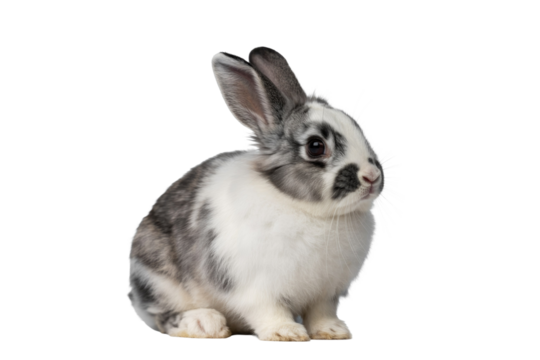 A cute speckled rabbit with black and white fur sits gracefully, looking curious. Perfect for spring and pet themes. background removed