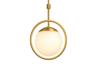 Modern gold pendant light with spherical globe, isolated on transparent background