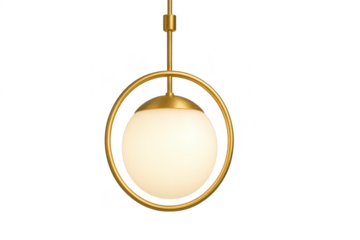 Modern gold pendant light with spherical globe, isolated on transparent background