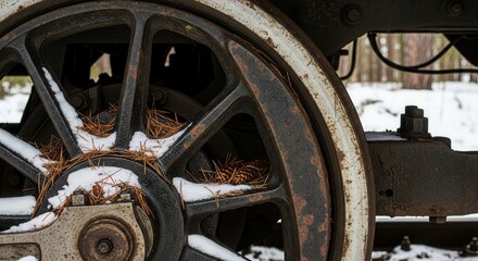 Close-up of rusty train wheel with snow and pine needles in winter