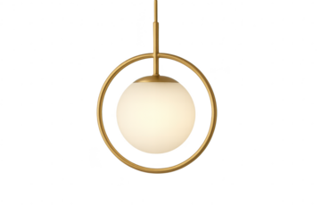 Modern golden pendant light with spherical shade isolated on transparent background