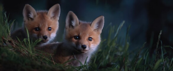 Naklejka premium Playful fox kits wandering the woodland ground as morning breaks.