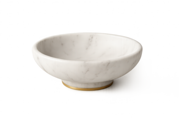 Elegant white marble bowl with a golden base ring, isolated on transparent background