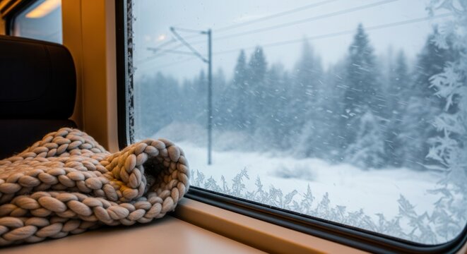 Cozy wool blanket on train seat during snowy winter landscape - Powered by Adobe