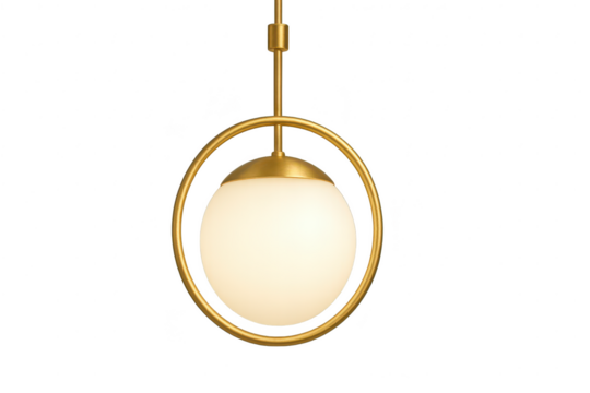 Modern gold pendant light with spherical globe, isolated on transparent background