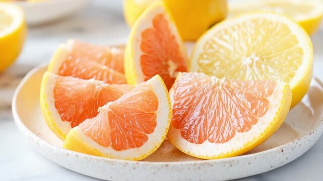 Zesty Citrus on Plate: Freshly sliced grapefruit and lemon wedges sit on a plate, presenting a vibrant and appetizing display of citrus. A tempting image perfect for any food and beverage content.