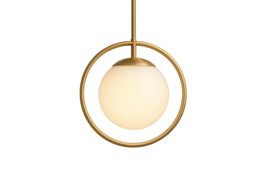 Modern brass globe pendant light, isolated on transparent background.